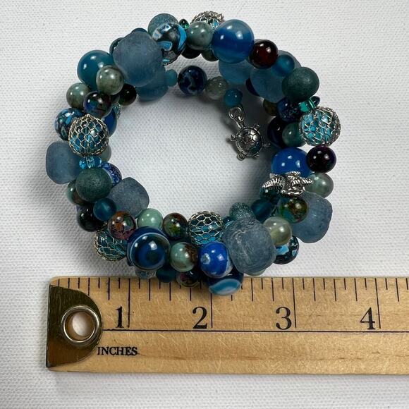 Hand Beaded Coil Statement Bracelet Beachy Turquoise Beads and Mixed Metals - Picture 7 of 10